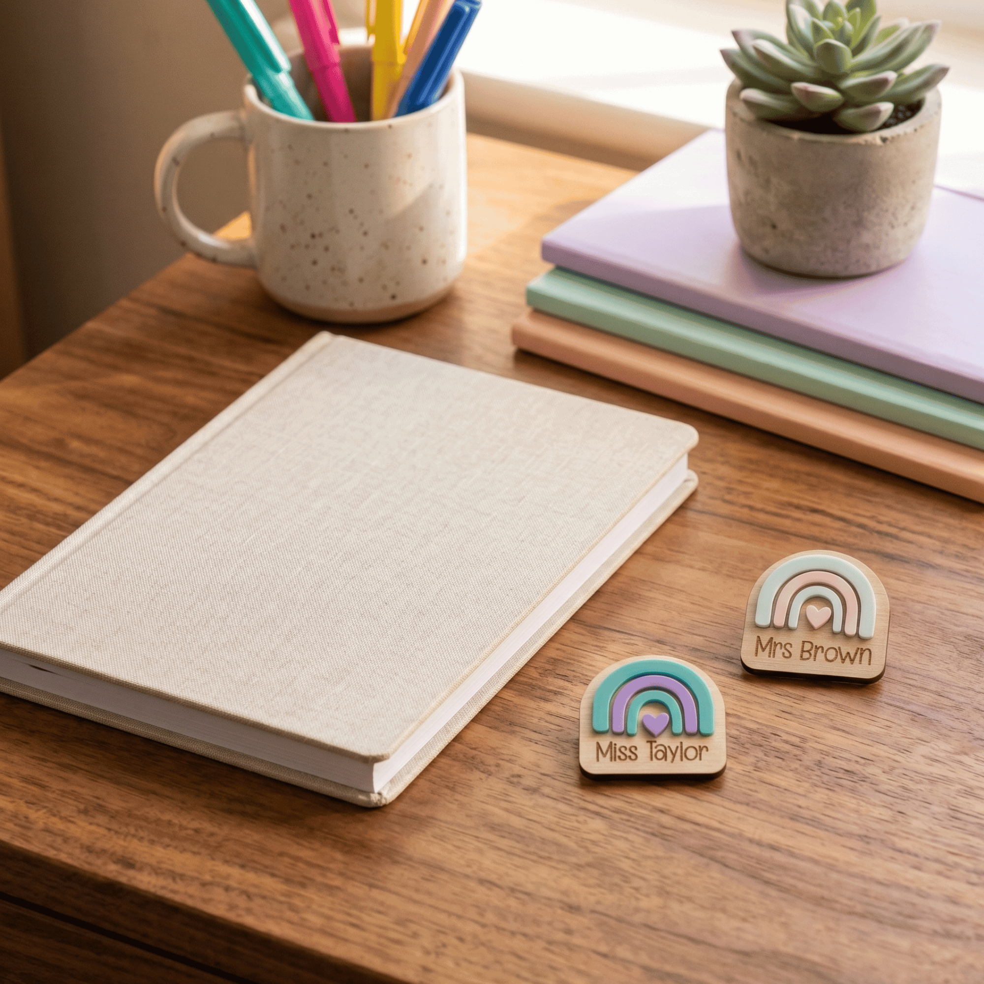 Notebook with personalized name tags on a desk with a mug, pens, and plants.