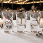 Three personalized shot glasses on a table with a festive background