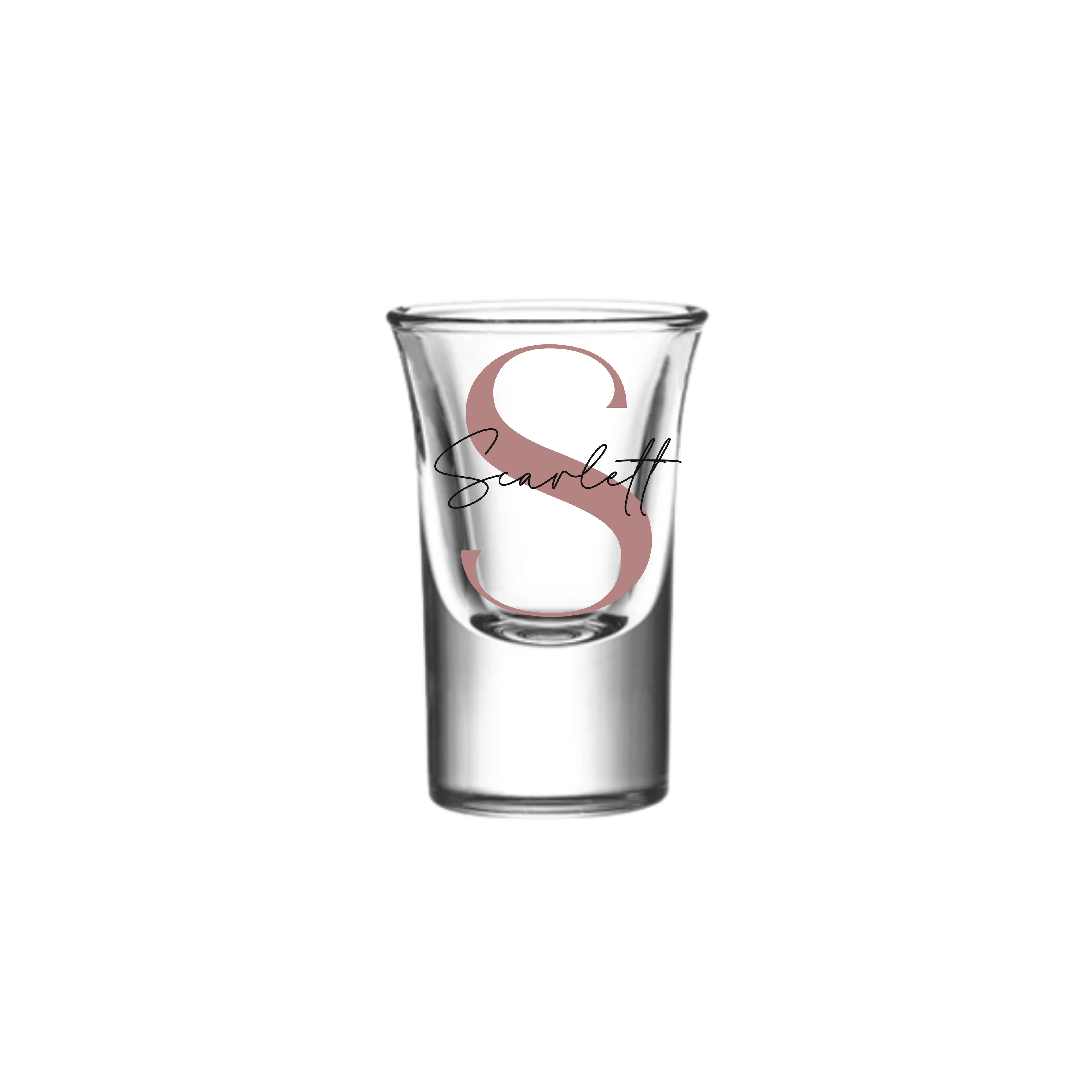 Personalised 25ml shot glass with blush pink letter S and name Scarlett, handmade birthday gift for her or him, custom milestone shot glass Australia