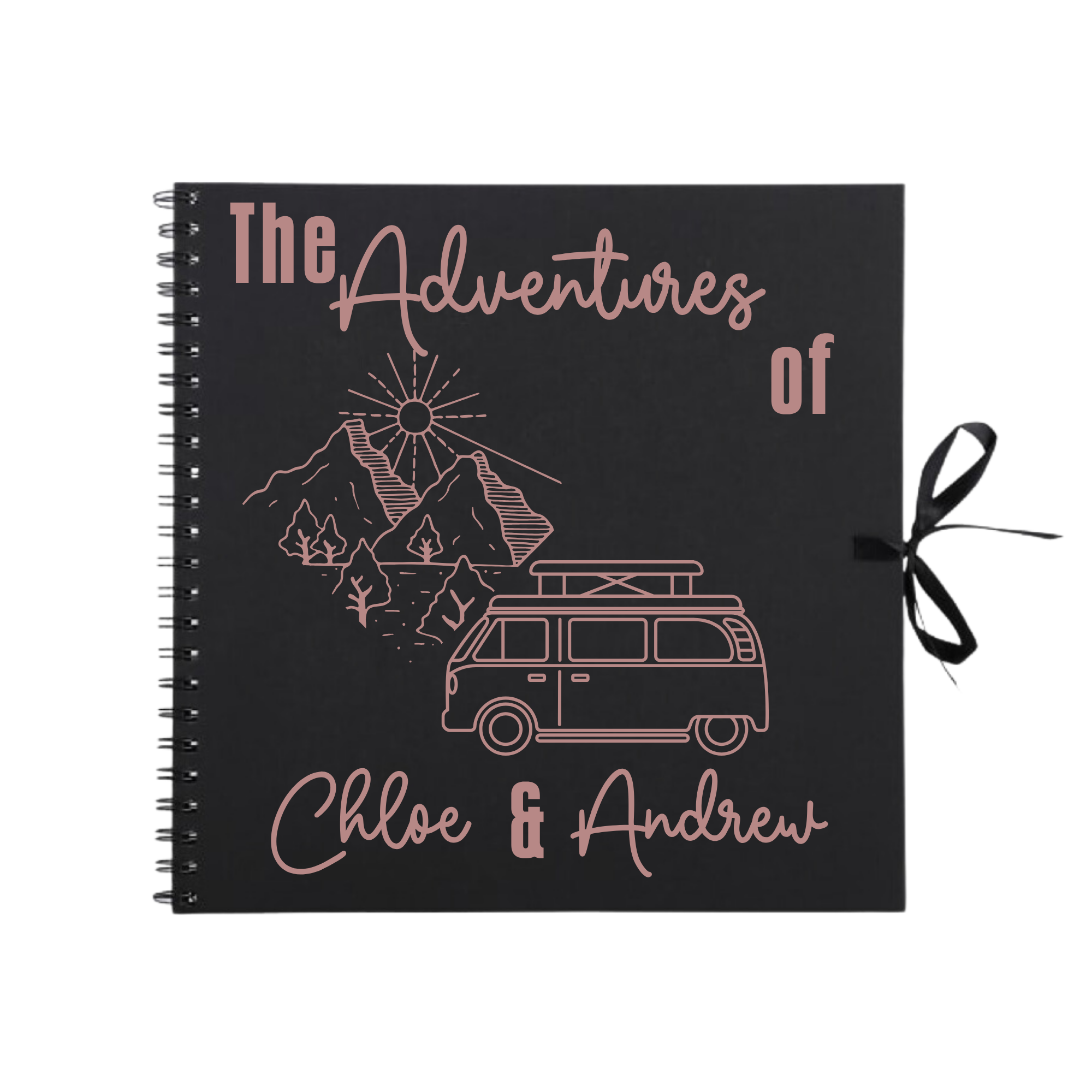 Black adventure photo album with rose gold campervan illustration — personalised scrapbook for travel memories and special occasions.