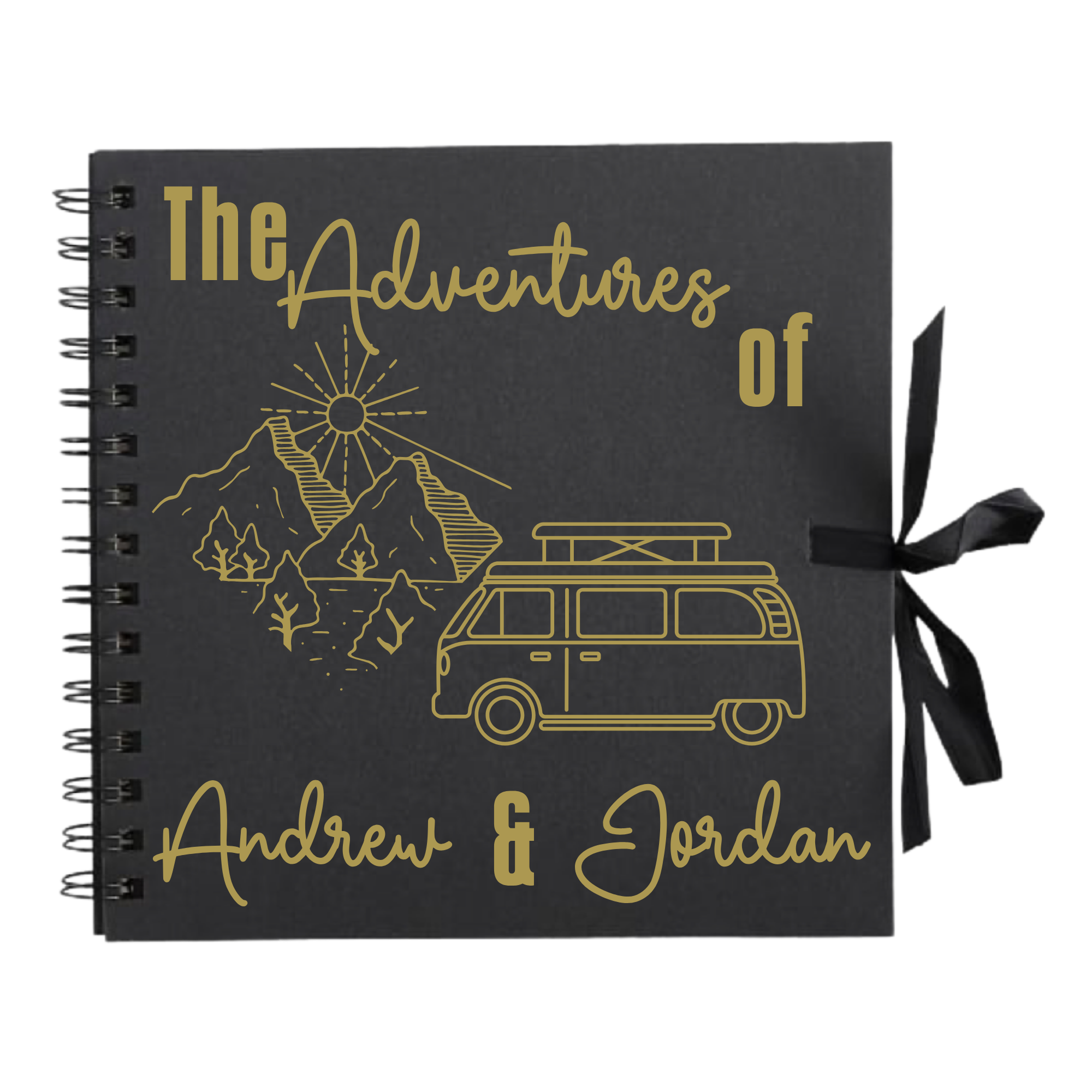 Black personalised travel scrapbook with gold campervan and mountain design — custom couple's road trip album with ribbon tie.