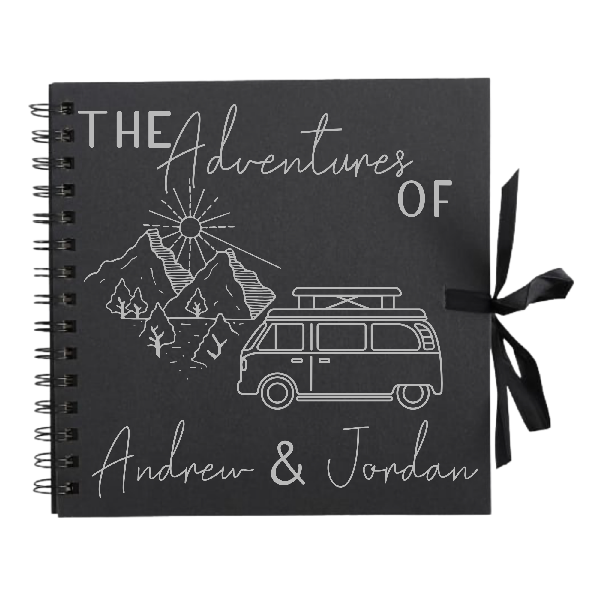 Black custom scrapbook album with silver campervan and mountain scene — personalised road trip photo album for adventurers.