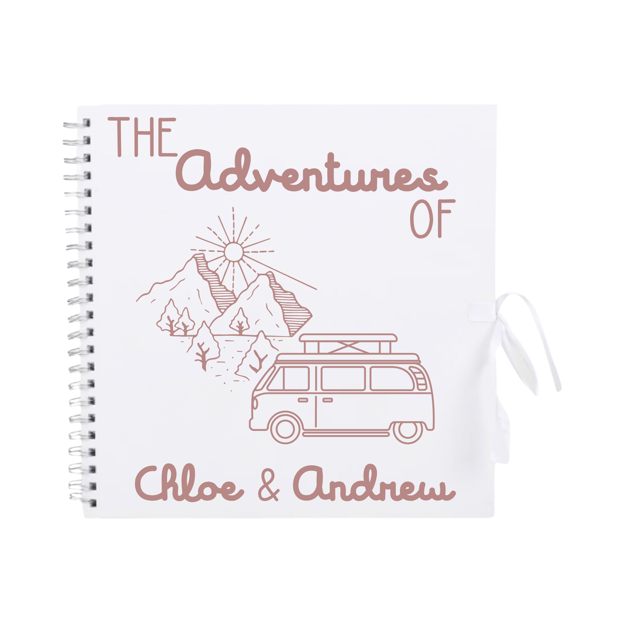 White personalised scrapbook album with rose gold van and mountain design — custom travel journal for couples or friends.