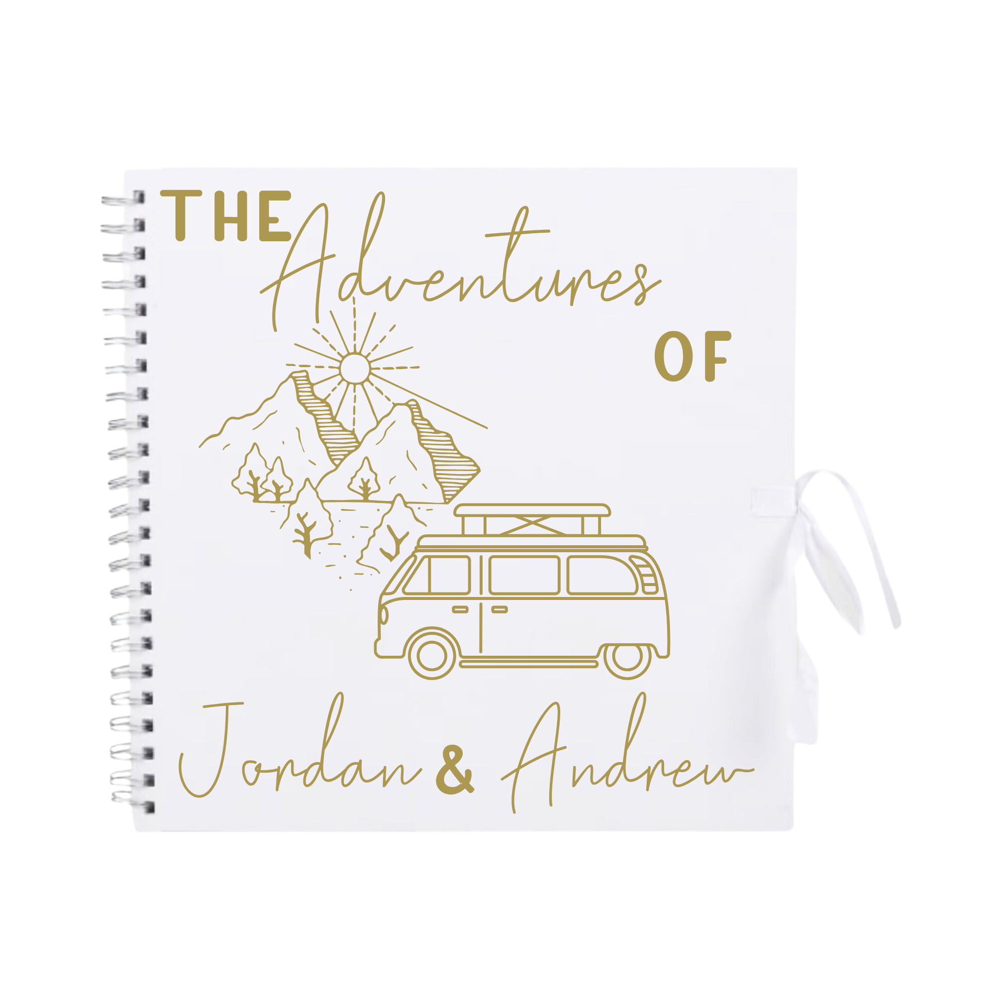 White adventure scrapbook with gold campervan and sunburst design — custom travel photo album, perfect gift for him or her.