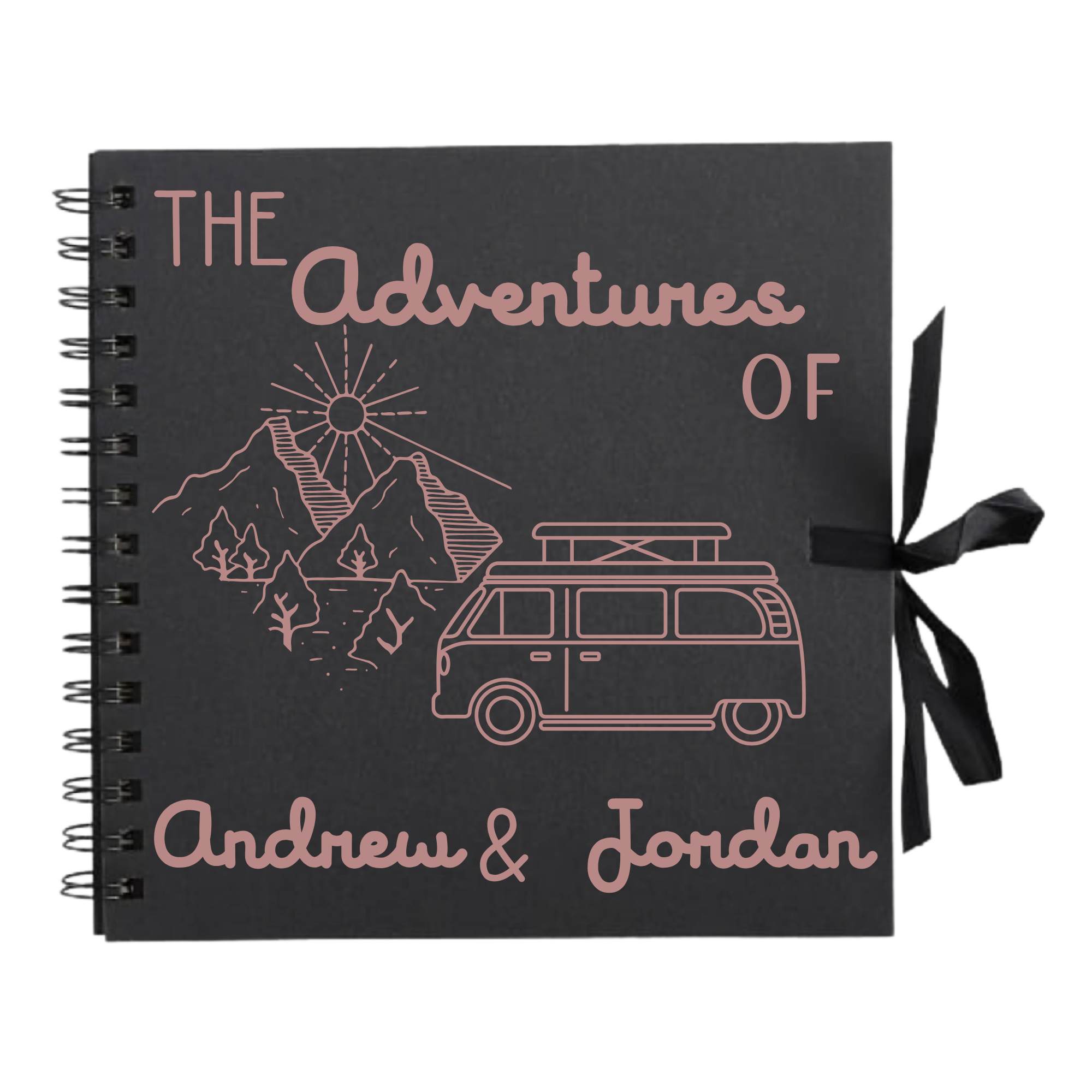 Black custom scrapbook album with silver campervan and mountain scene — personalised road trip photo album for adventurers.