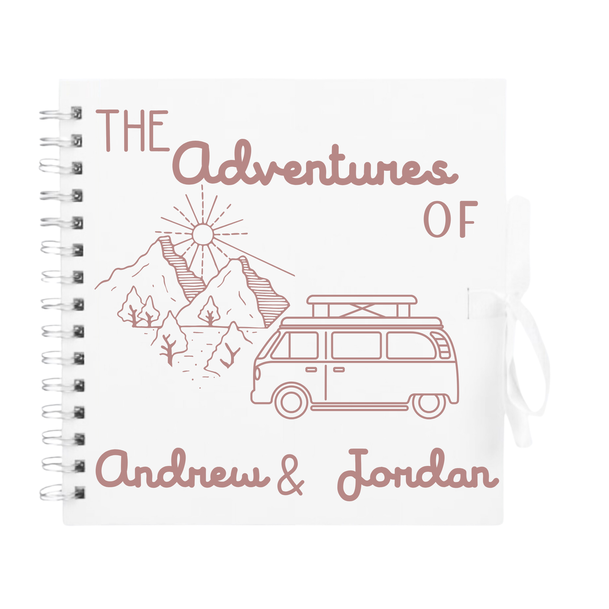 White personalised scrapbook album with rose gold van and mountain design — custom travel journal for couples or friends.