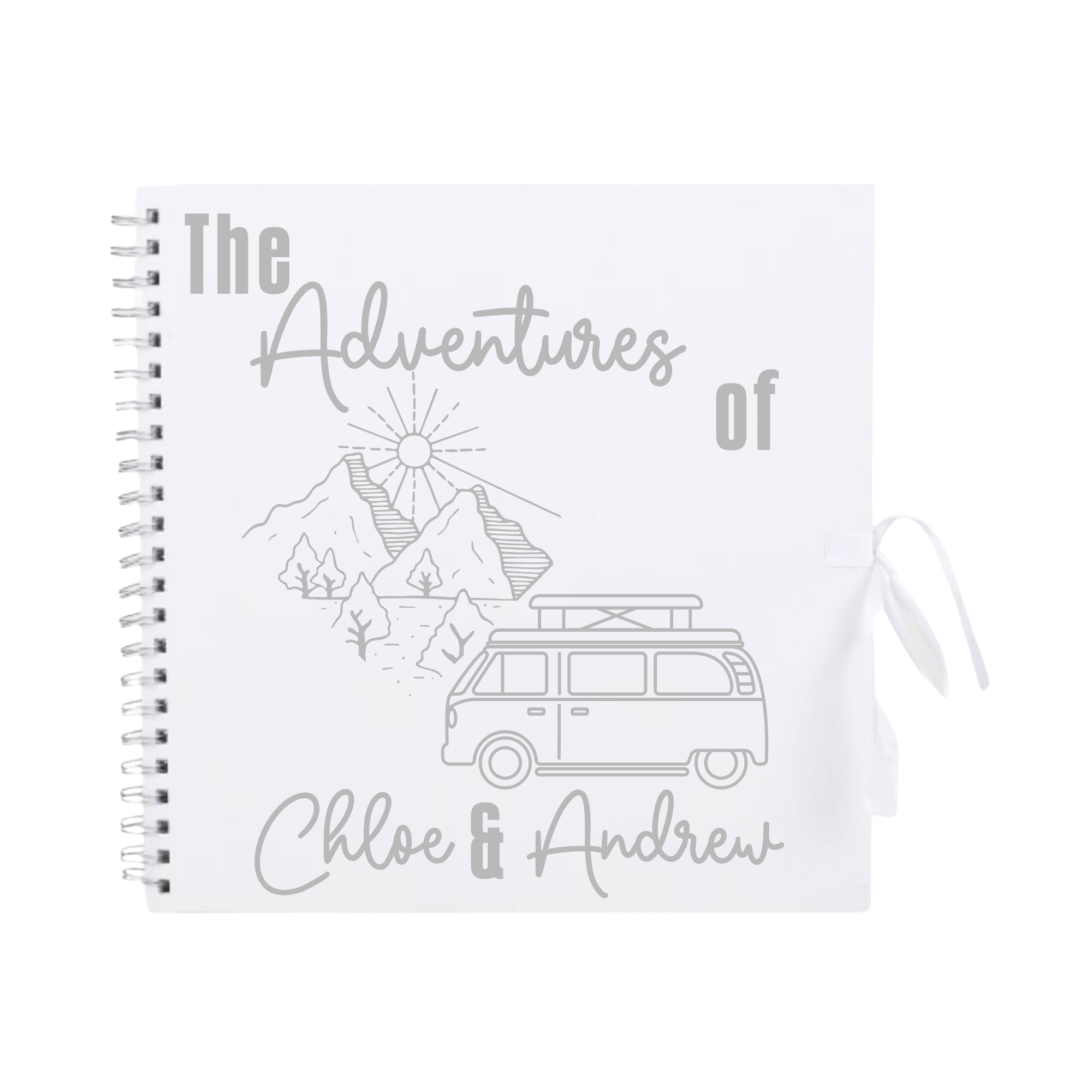 White personalised photo album with silver campervan and mountain design — ideal for road trip journaling or travel keepsakes