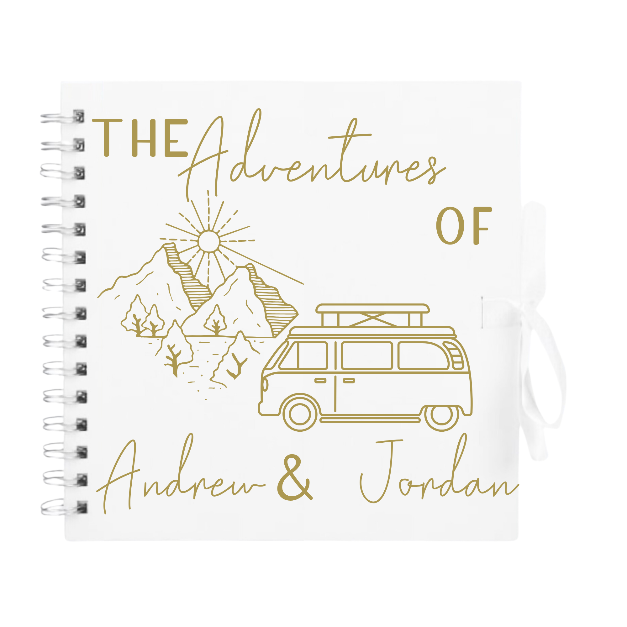 White adventure scrapbook with gold campervan and sunburst design — custom travel photo album, perfect gift for him or her.