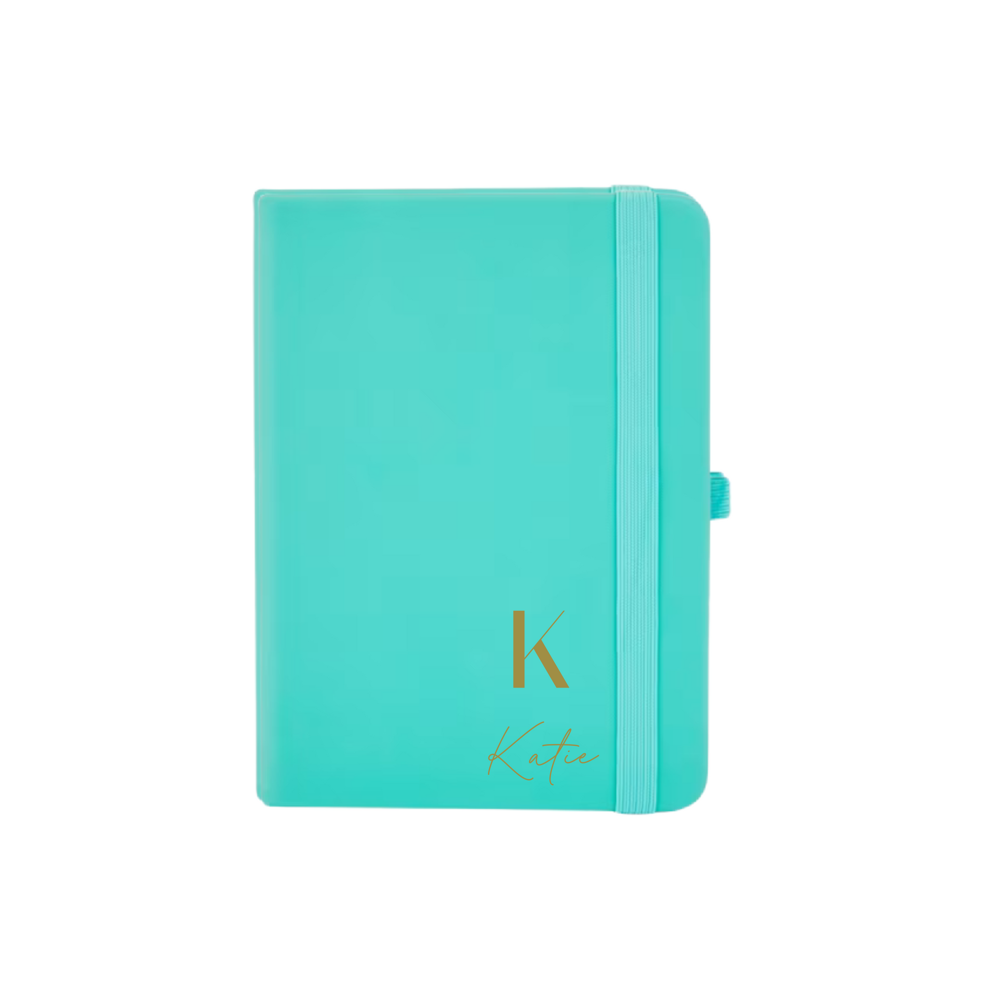 Personalised teal A6 vegan leather notebook with initial K and name Katie embossed on the cover.