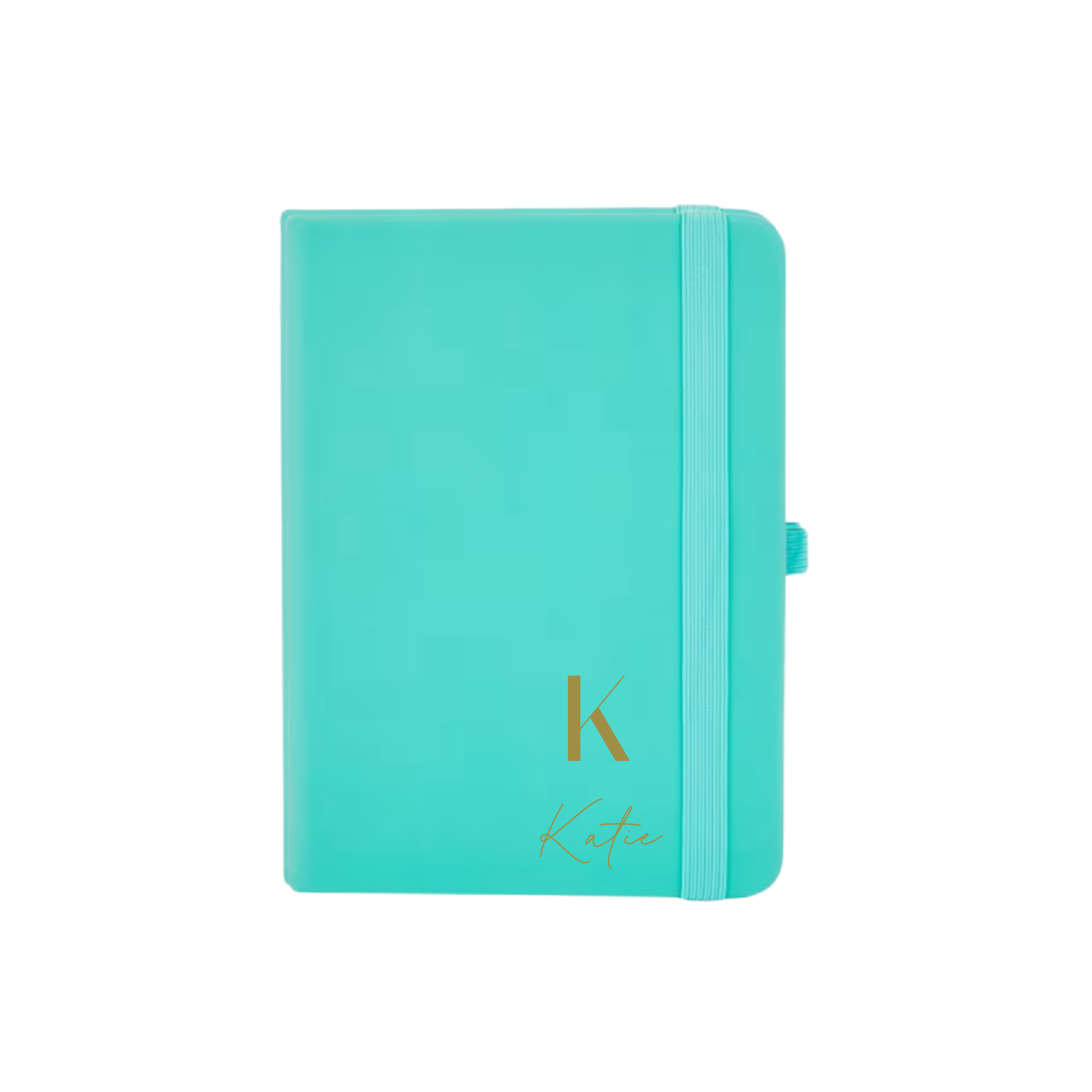 Personalised teal A6 vegan leather notebook with initial K and name Katie embossed on the cover.