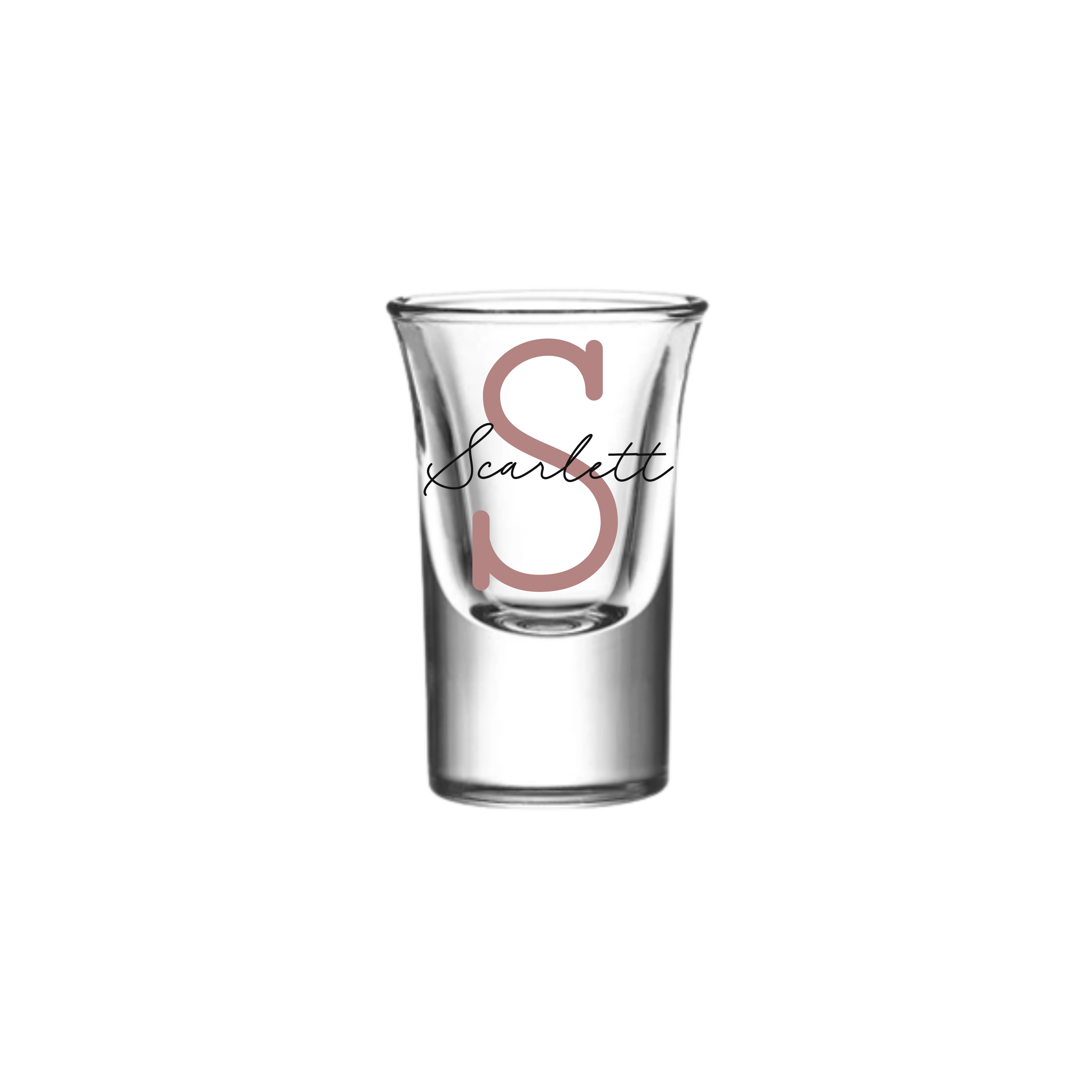 Personalised 25ml shot glass with rose gold letter S and name Scarlett, handmade birthday gift for her or him, custom milestone shot glass Australia
