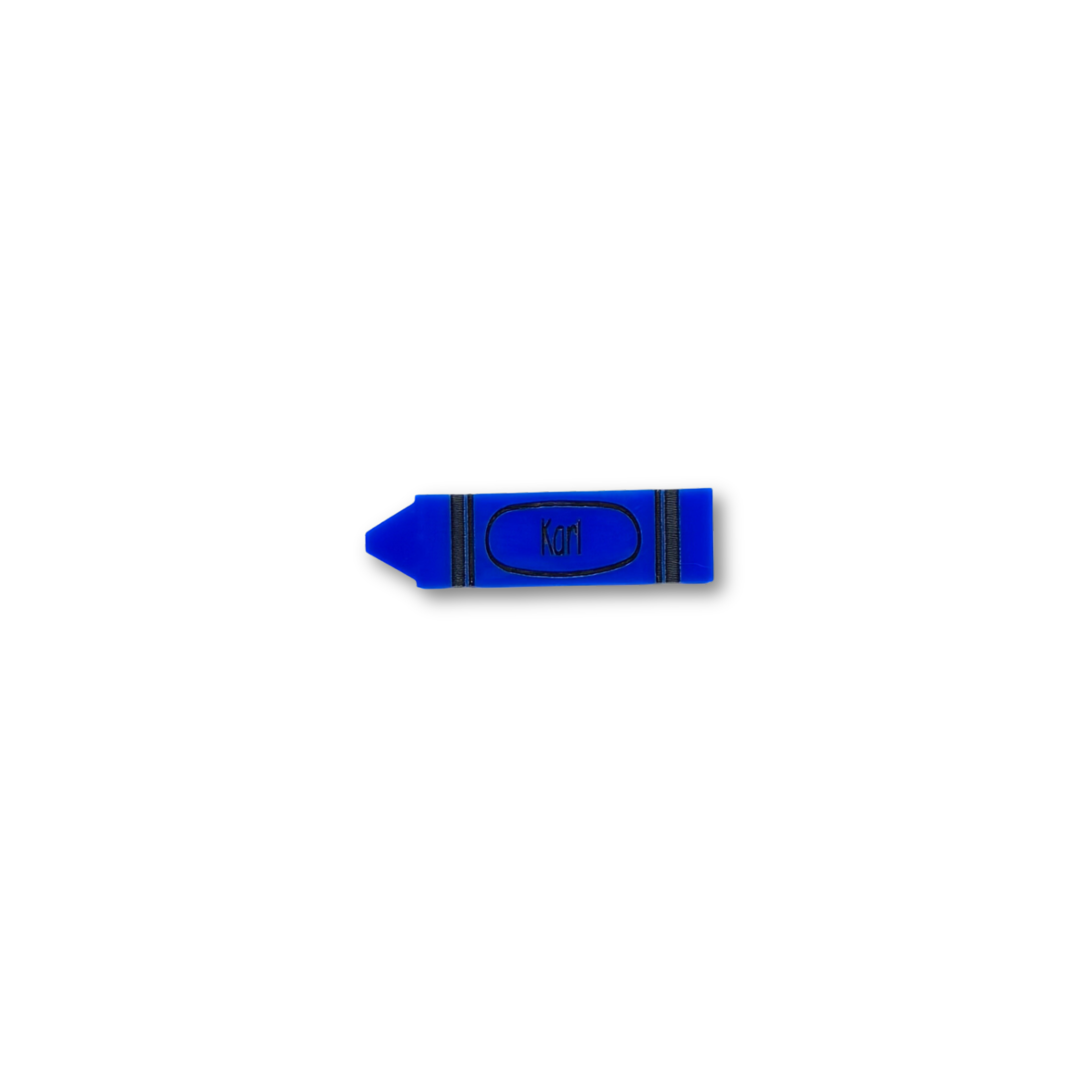 Blue crayon name tag with engraved name “Karl”