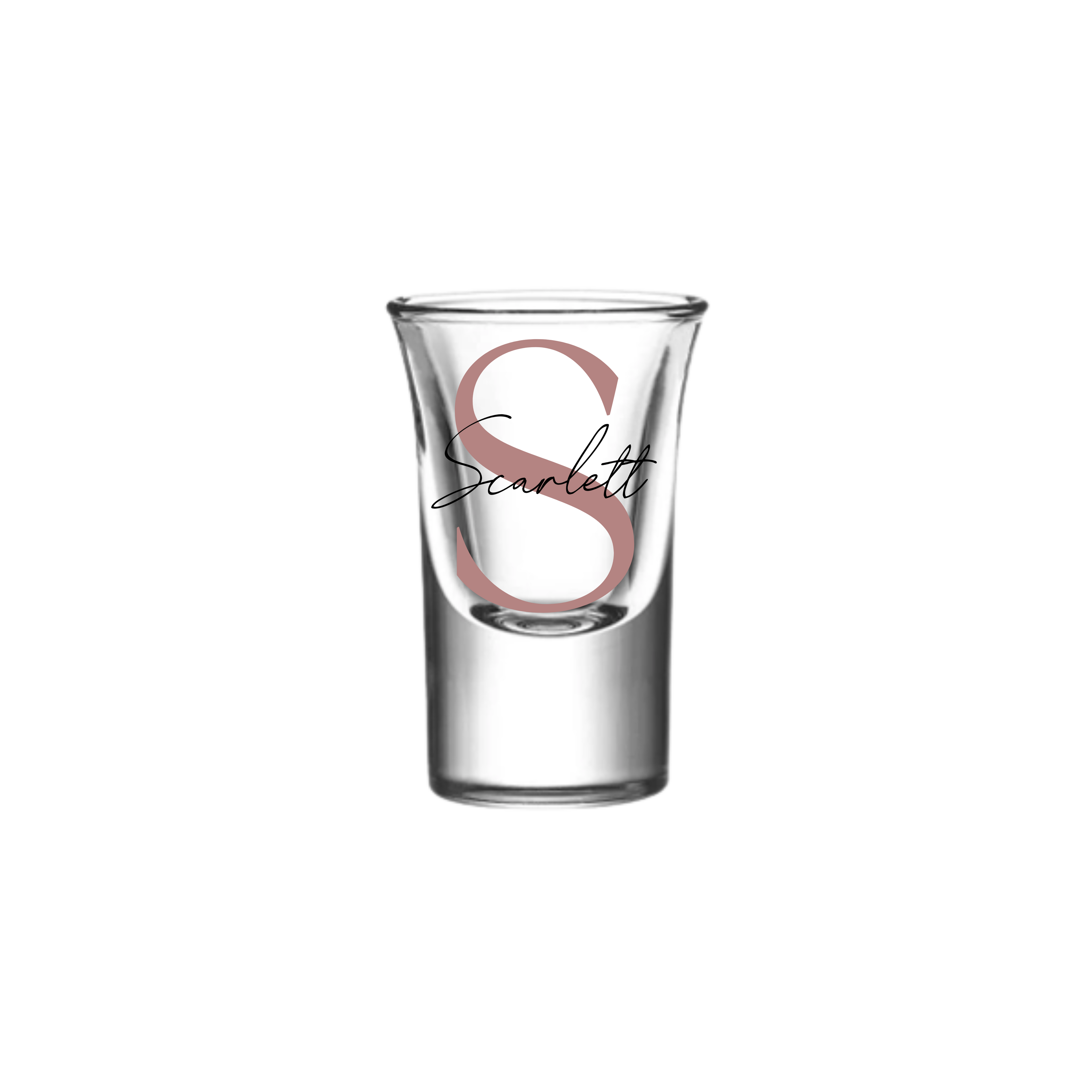 Personalised 25ml shot glass with blush pink letter S and name Scarlett, handmade birthday gift for her or him, custom milestone shot glass Australia