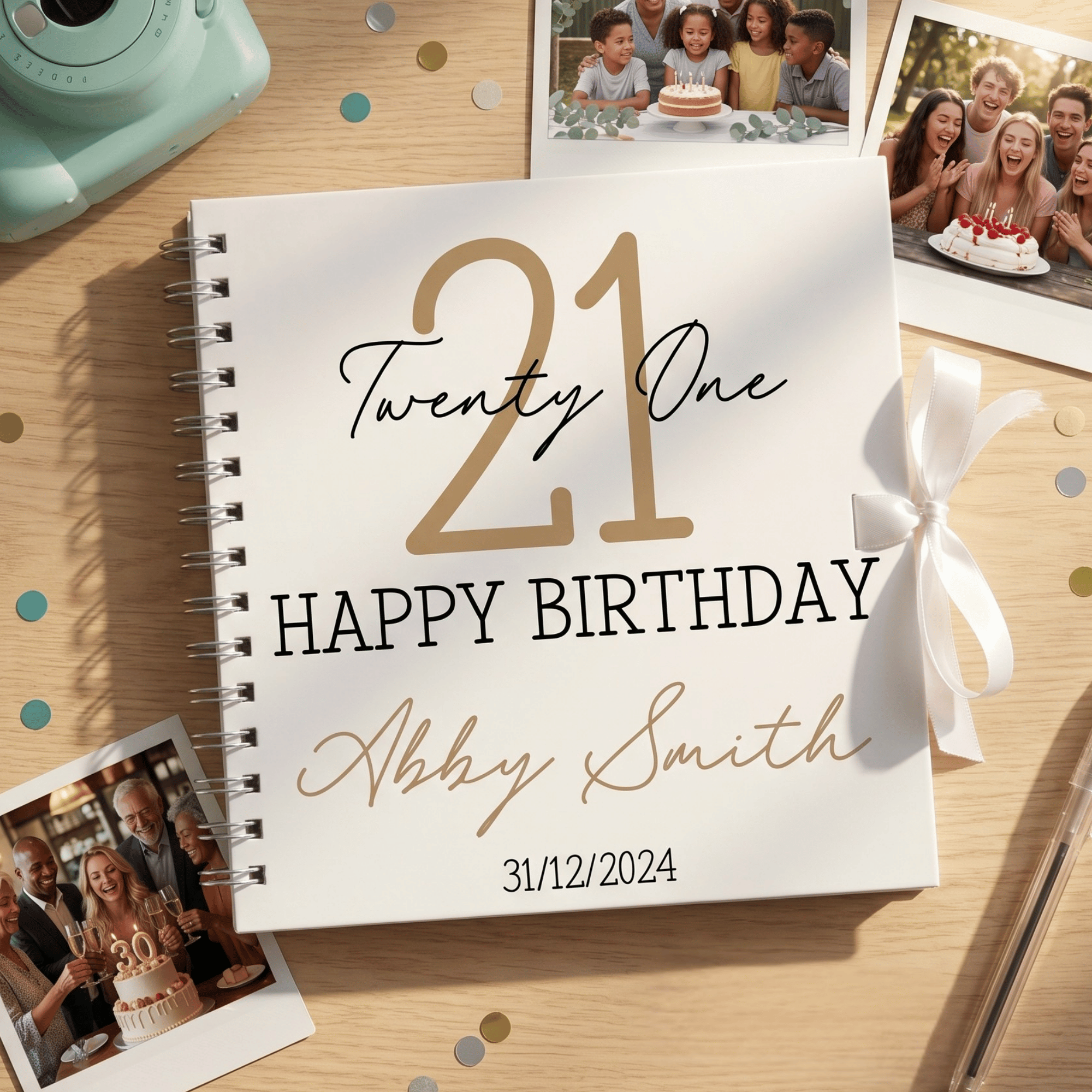 Personalised birthday album  with photos on a wooden surface