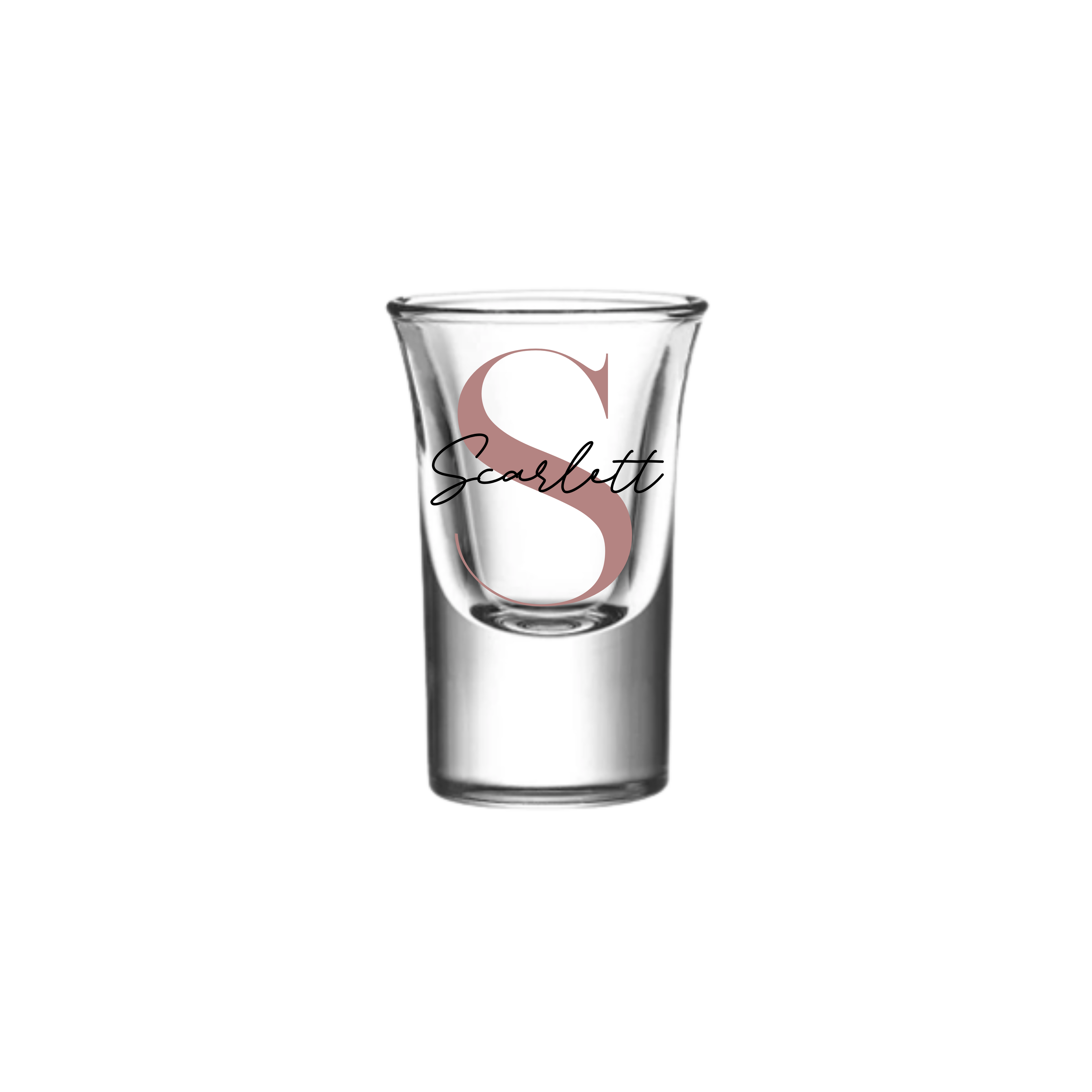 Personalised 25ml shot glass with blush pink letter S and name Scarlett, handmade birthday gift for her or him, custom milestone shot glass Australia