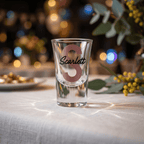 Clear shot glass with 'Scarlett' branding on a table with blurred lights and flowers in the background