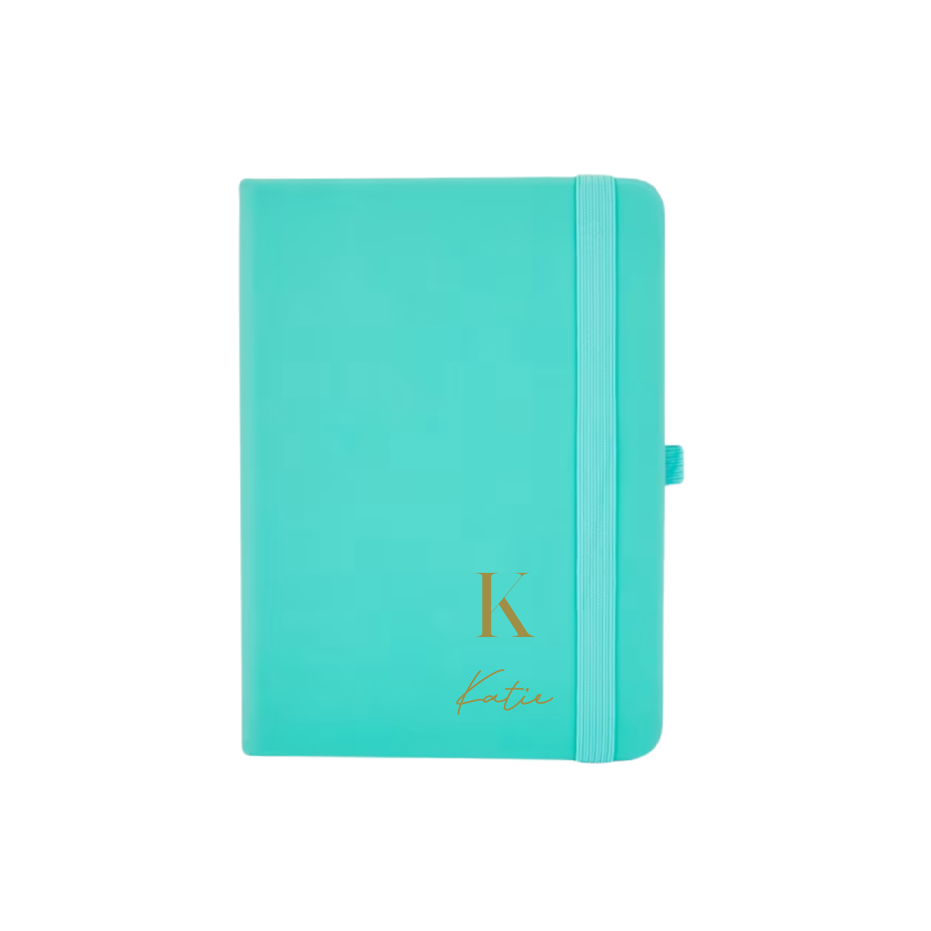 Personalised teal A6 vegan leather notebook with initial K and name Katie embossed on the cover.