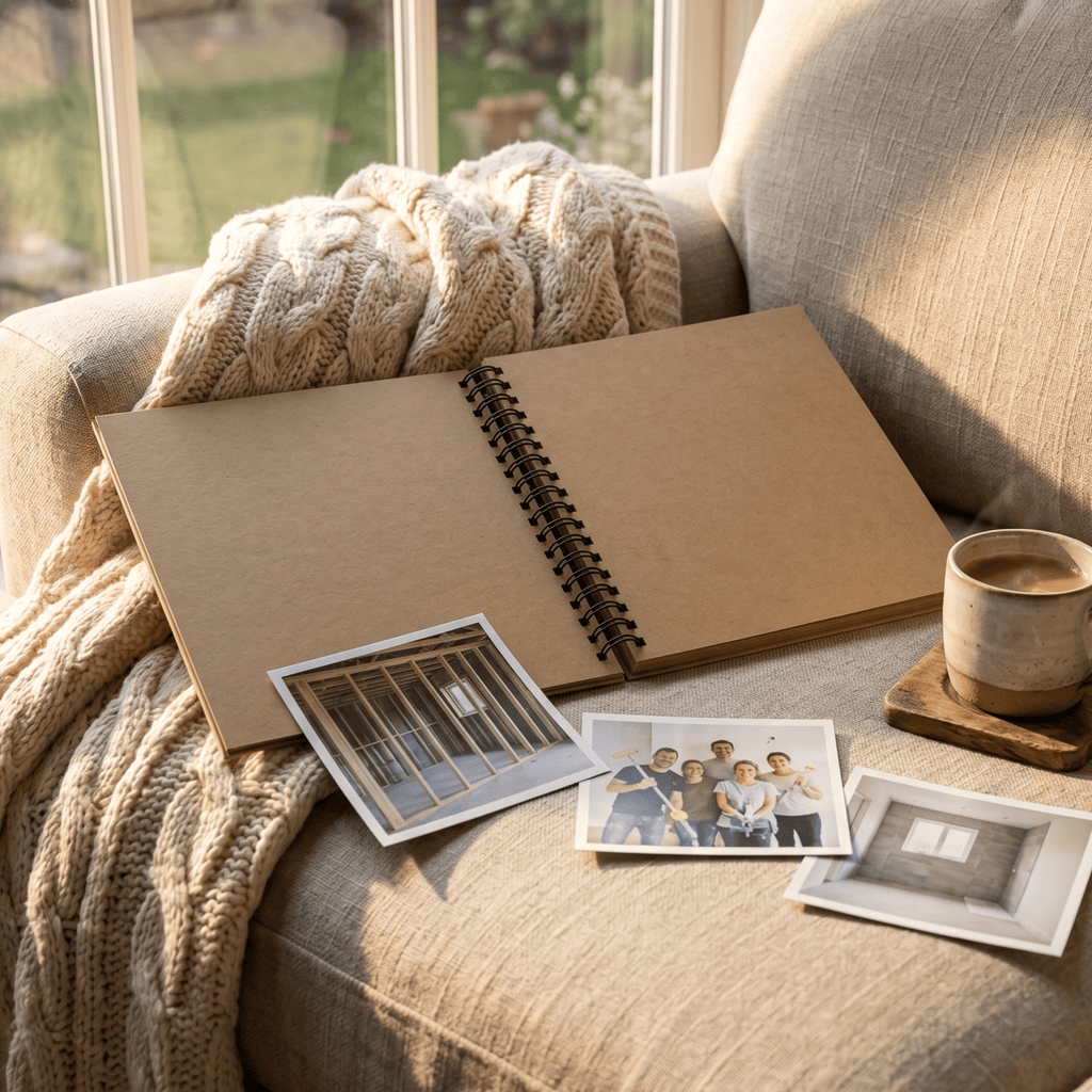 Open photo album on a couch with family photos and a cup of coffee