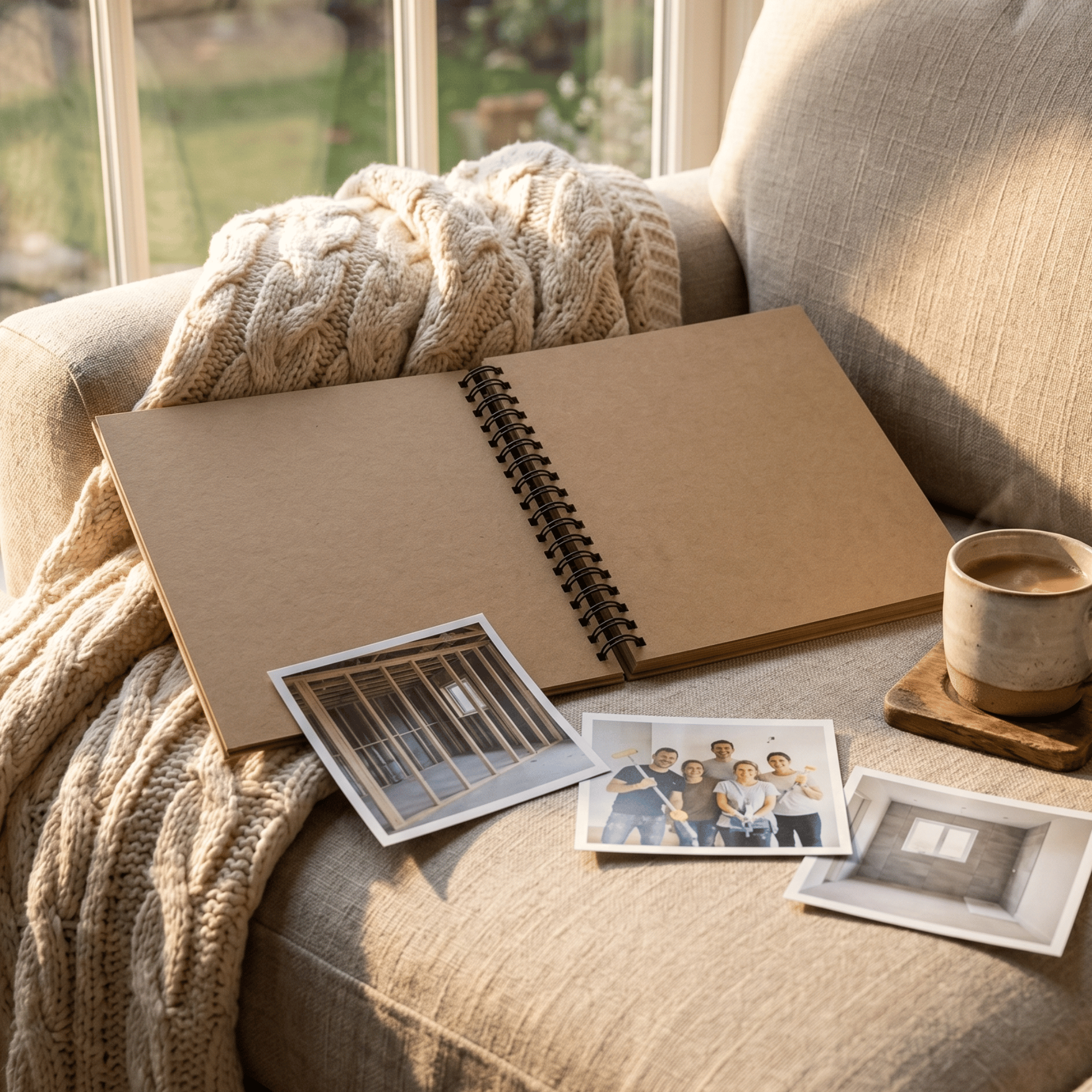 Open photo album on a couch with family photos and a cup of coffee