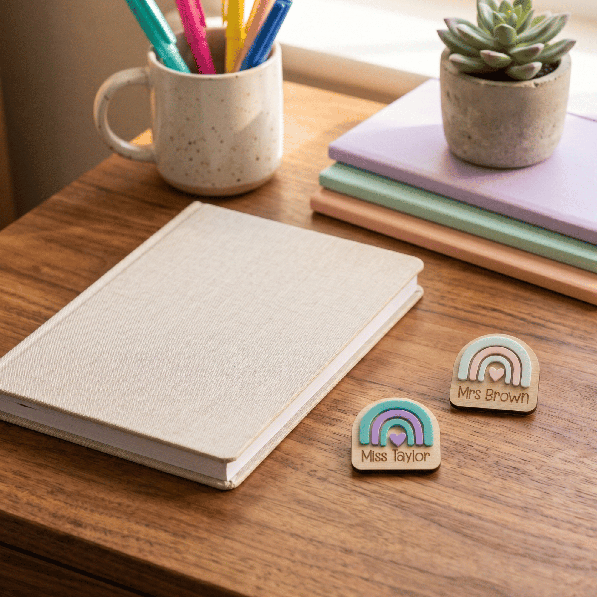 Notebook with personalized name tags on a desk with a mug, pens, and plants.