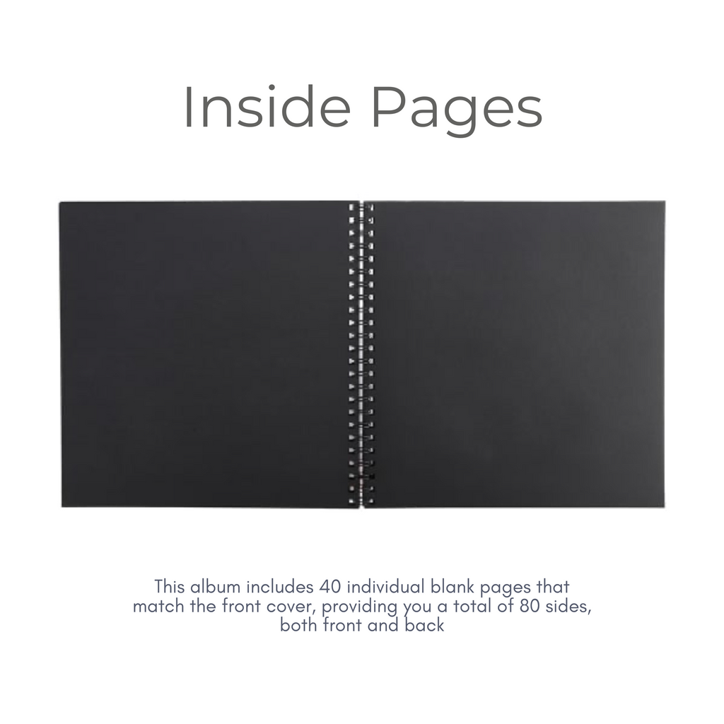 Inside pages of scrapbook album with black paper, ideal for polaroid photos and handwritten notes