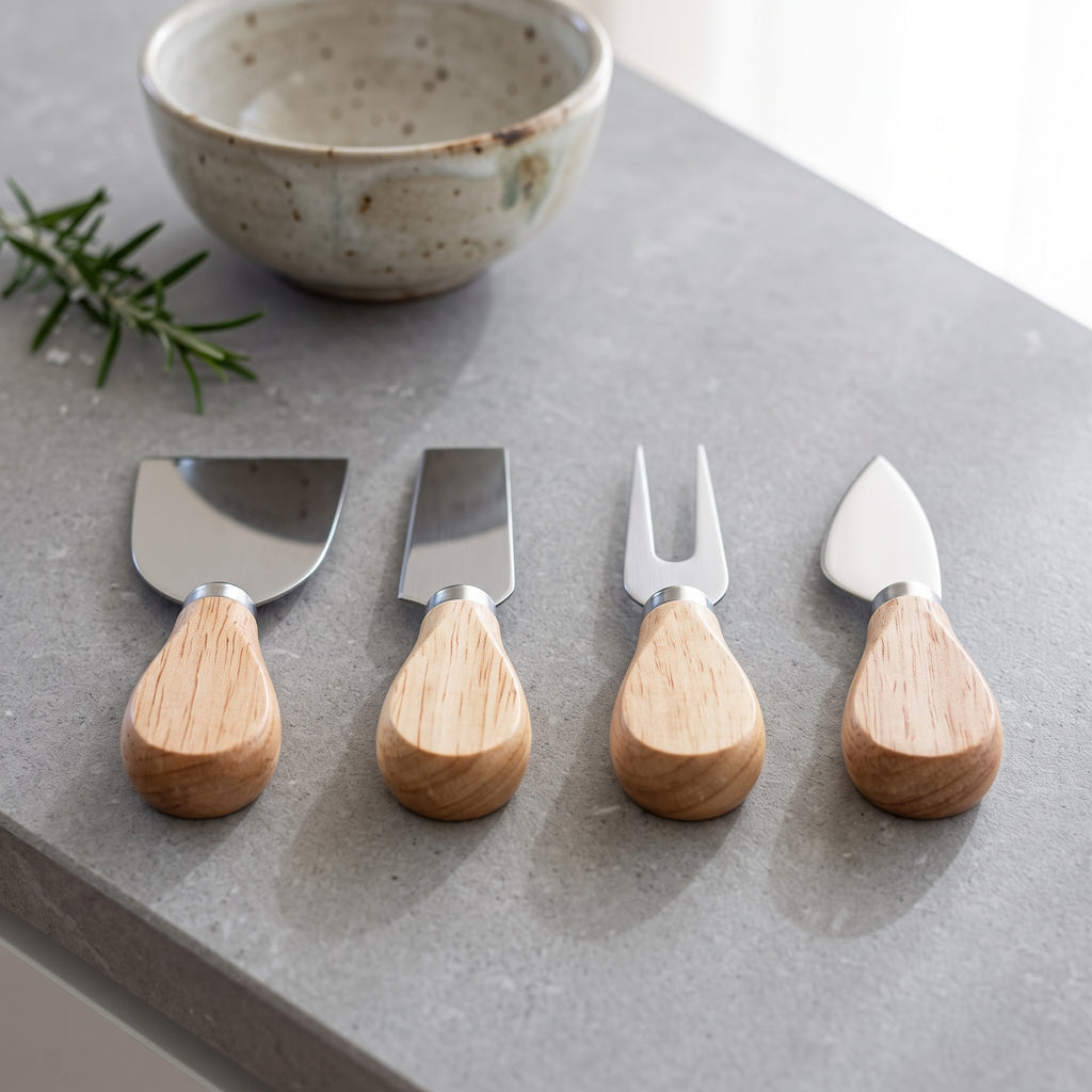 Four cheese and carving utensils with light wood handles and stainless steel heads are arranged on a gray stone surface, with a ceramic bowl and rosemary sprig in the background.