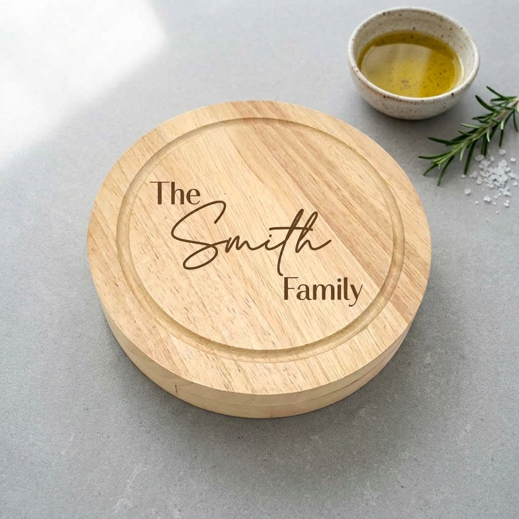 A round wooden serving board engraved with 'The Smith Family' in dark brown lettering, styled on a gray surface with a small bowl of oil, rosemary, and coarse salt.