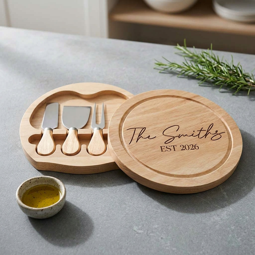 Personalised wooden cheese knife set with three utensils and a round wooden lid engraved with 'The Smiths EST 2026', displayed on a gray countertop with a small bowl of oil and rosemary sprig.
