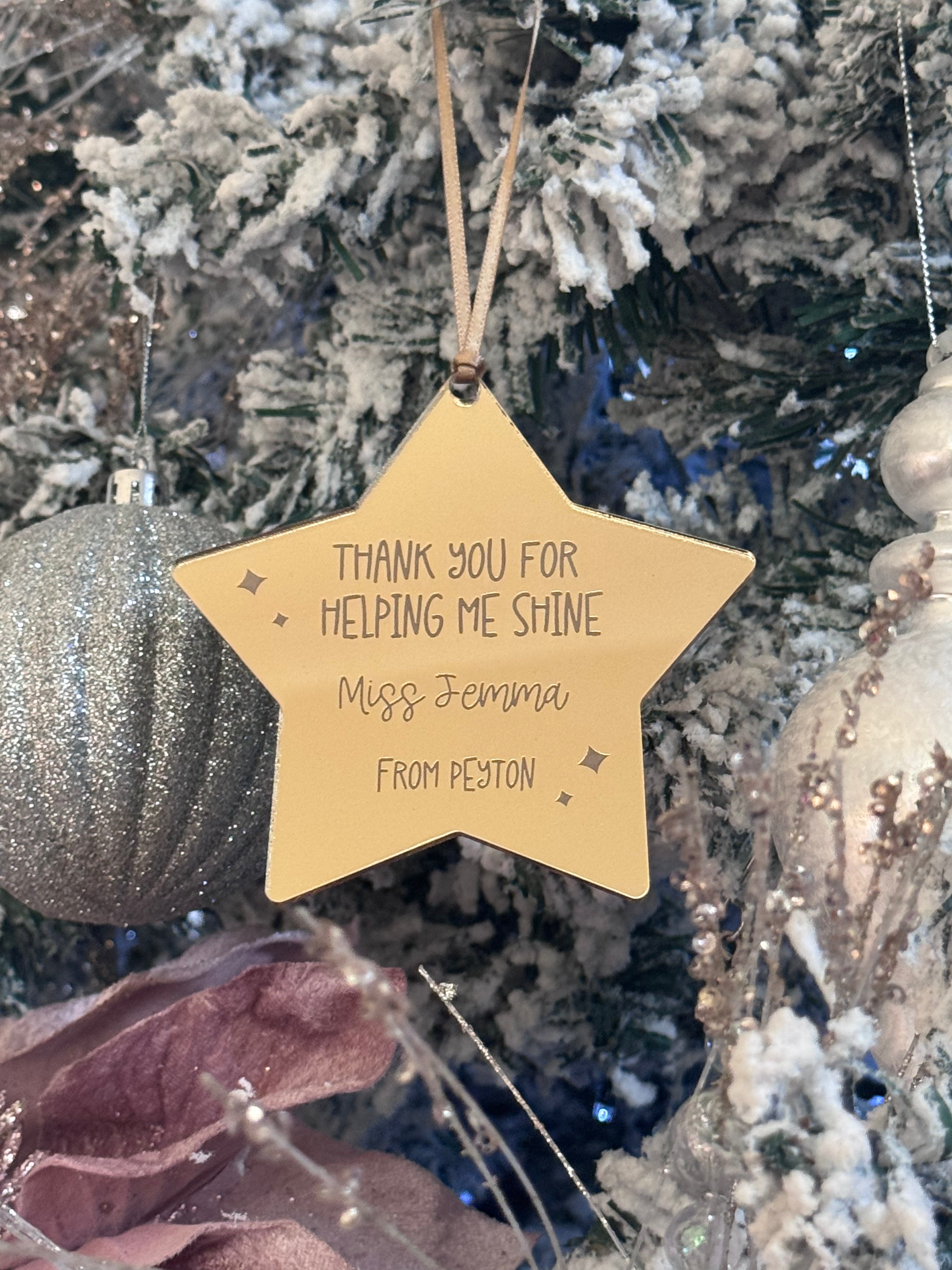 Custom engraved mirrored acrylic teacher star ornament – perfect Christmas gift