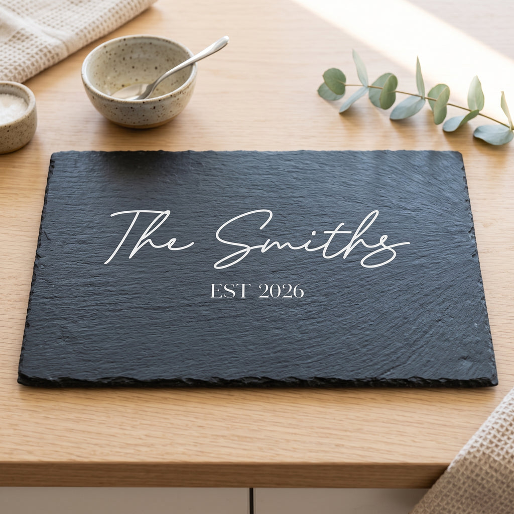 A personalised dark grey slate serving board with white script text reading 'The Smiths' and 'EST 2026', displayed on a light wood table with ceramic bowls, a spoon, and a eucalyptus sprig nearby.
