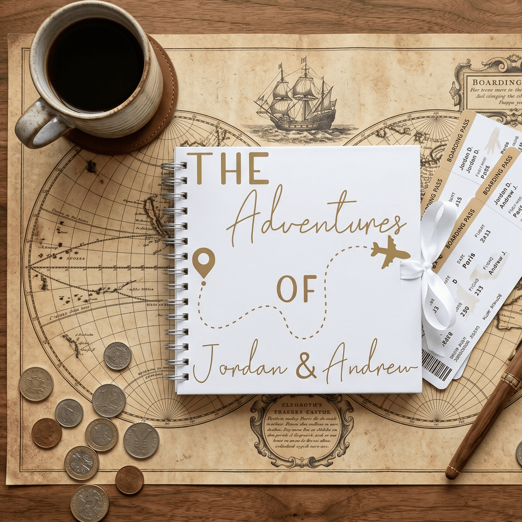 Album titled 'The Adventures of Jordan & Andrew' on a wooden surface with a cup of coffee, map, coins, and tickets.