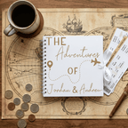 Album titled 'The Adventures of Jordan & Andrew' on a wooden surface with a cup of coffee, map, coins, and tickets.