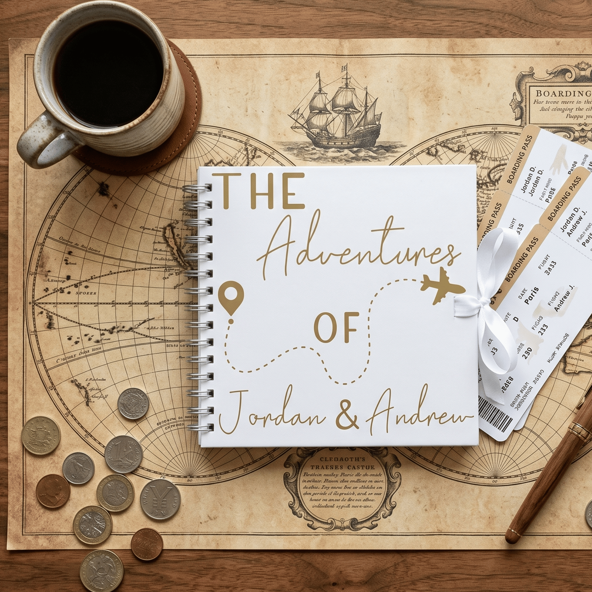 Album titled 'The Adventures of Jordan & Andrew' on a wooden surface with a cup of coffee, map, coins, and tickets.