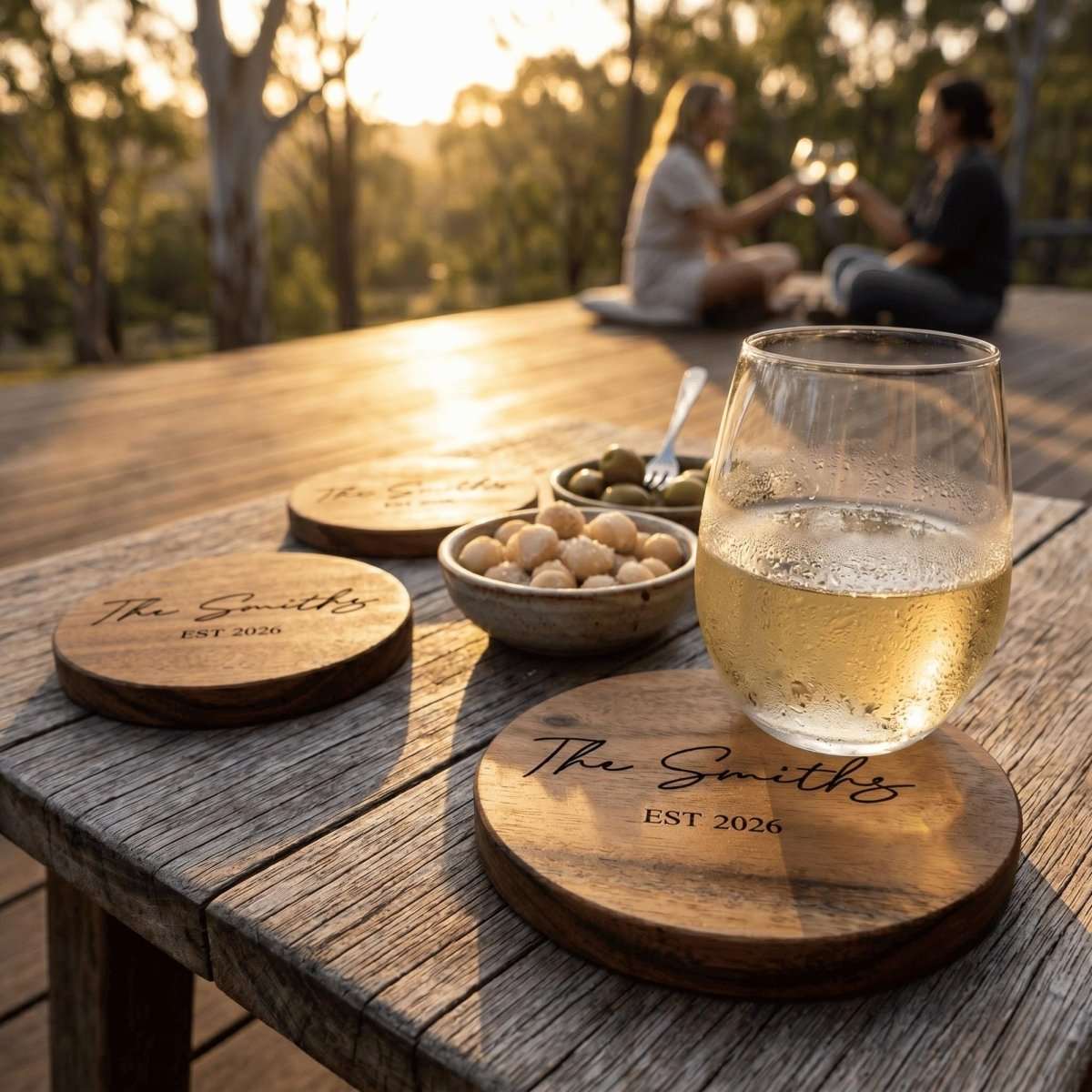 Close up of custom laser engraving on solid acacia wood coasters showing classic script typography and smooth rounded edges.