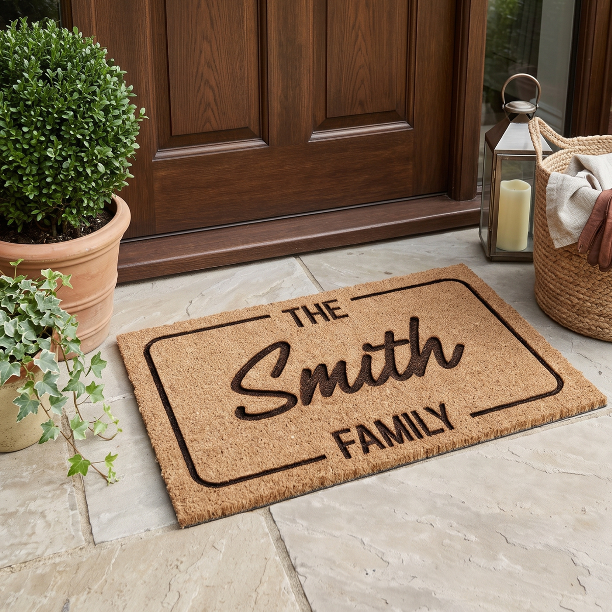Bespoke outdoor coir door mat with custom family name set within a traditional black line frame.