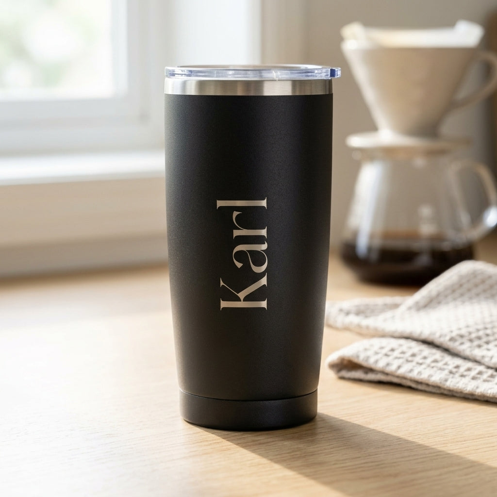 A matte black insulated travel tumbler with a clear lid and the name 'Karl' laser engraved set on a wooden table in a bright kitchen with a coffee maker blurred in the background.