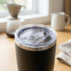 A close-up of a black insulated tumbler with a clear lid and silver rim, set on a wooden table in a softly blurred kitchen or cafe setting with coffee-making items in the background.