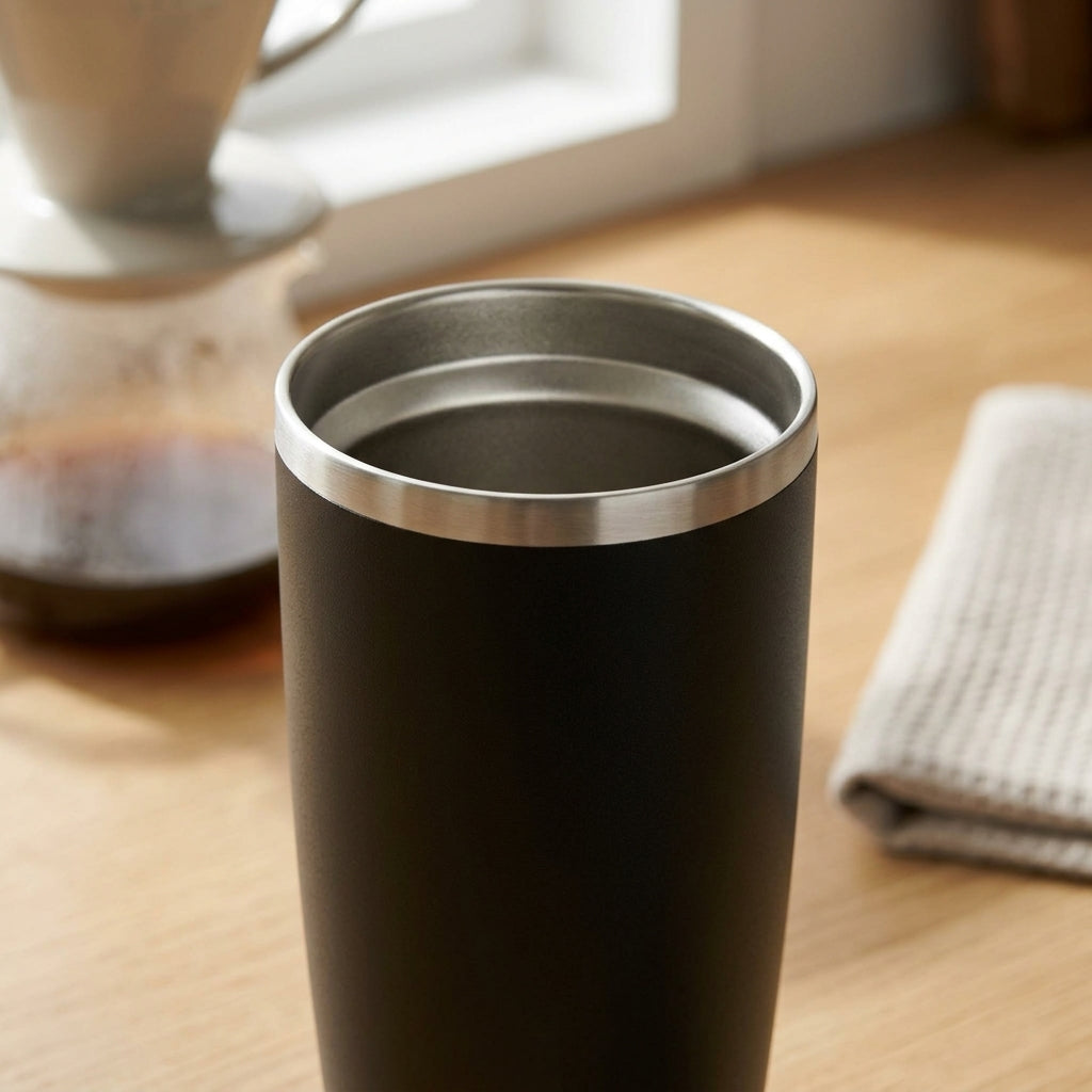 A matte black insulated travel tumbler with a brushed stainless steel rim, shown on a wooden table in a warm, softly lit setting with coffee gear blurred in the background.