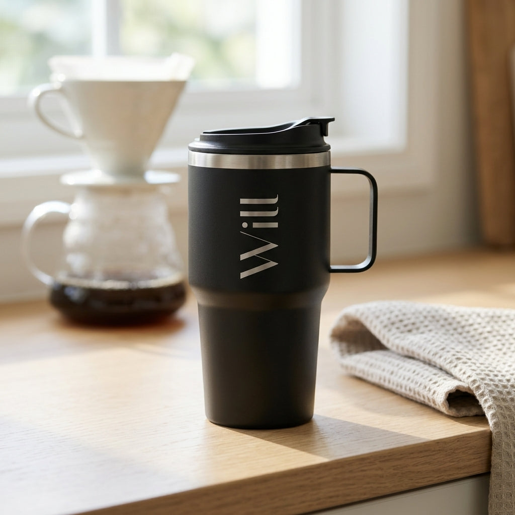 A matte black insulated travel mug with a handle and lid sits on a wooden countertop in a bright kitchen setting. The mug has a silver metallic band near the top and the name 'Will' engraved vertically in silver.