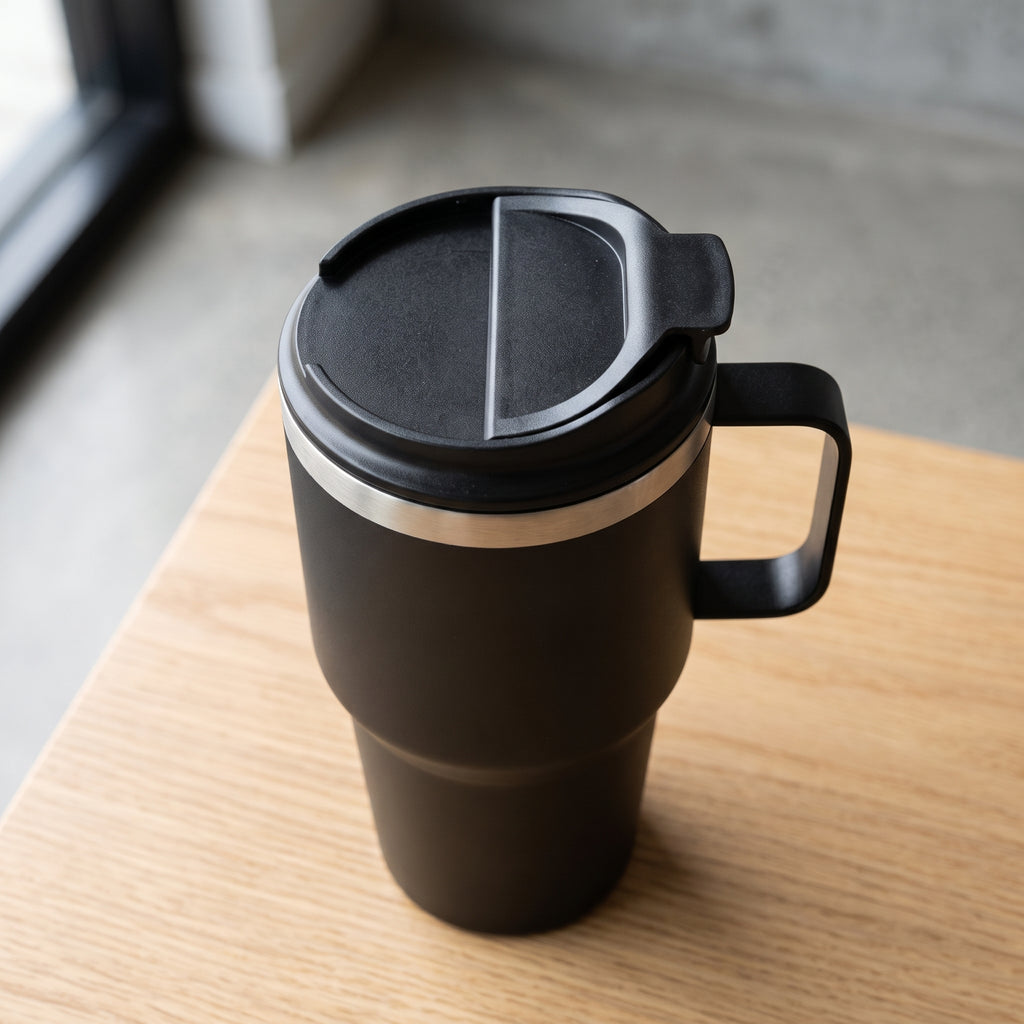 A matte black travel tumbler with a matching lid and handle, sitting on a light wood tabletop in a modern indoor setting.