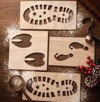 Christmas footprints stencil set featuring Santa boot prints, elf tracks, and reindeer hoof markings on timber