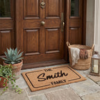 Custom coir front doormat with printed family surname framed by a rounded black border at a timber entrance door.
