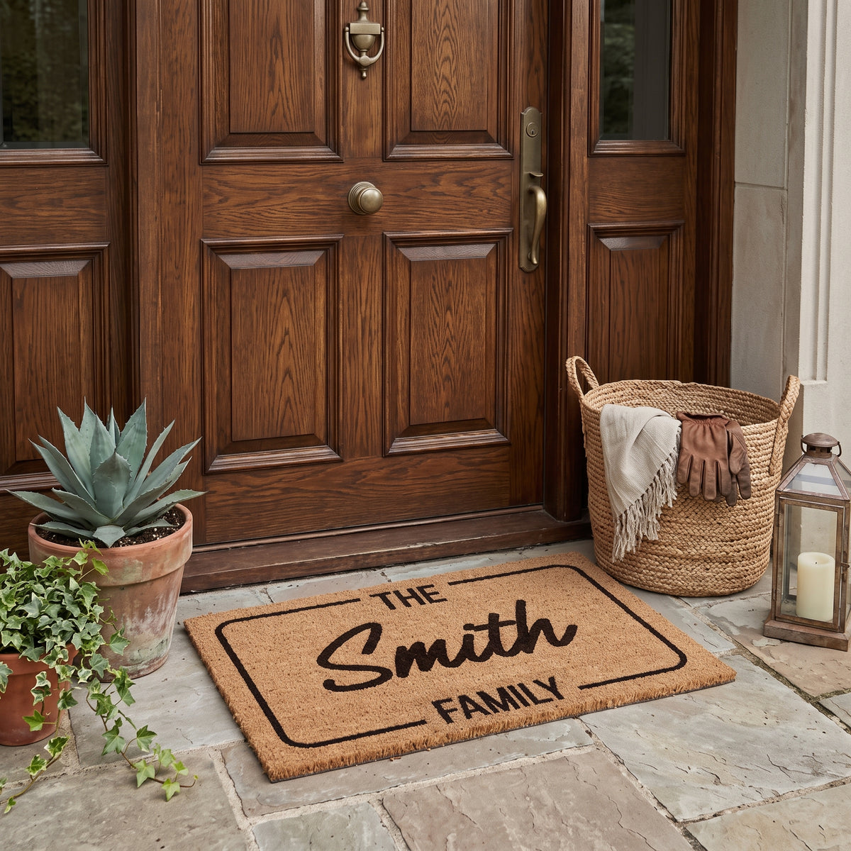 Custom coir front doormat with printed family surname framed by a rounded black border at a timber entrance door.