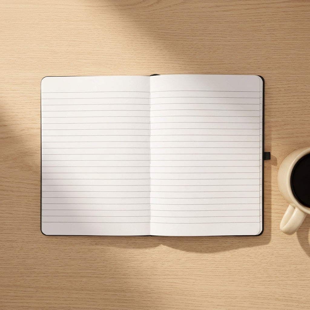 Custom laser engraved corporate notebook in black vegan leather with a metallic pen, displayed on an executive timber desk in a bright office.