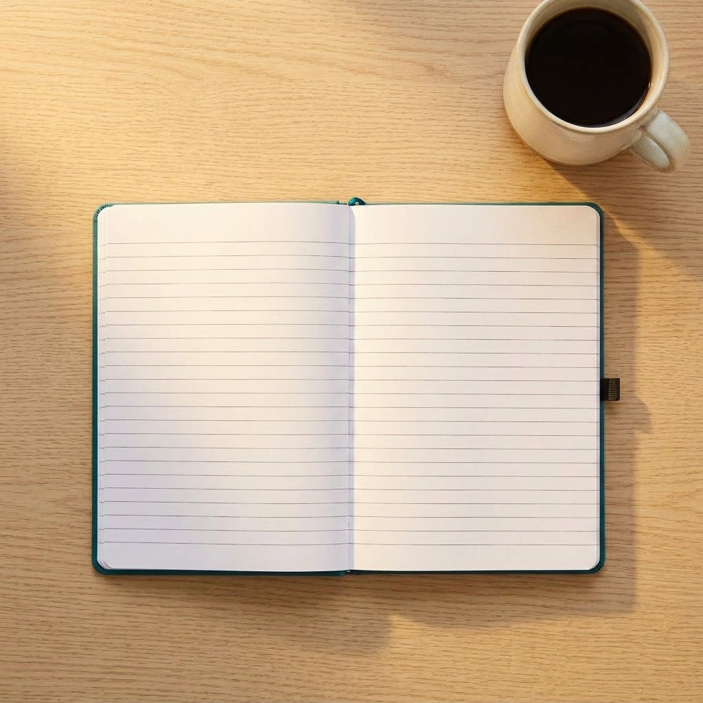 Custom laser engraved corporate notebook in black vegan leather with a metallic pen, displayed on an executive timber desk in a bright office.
