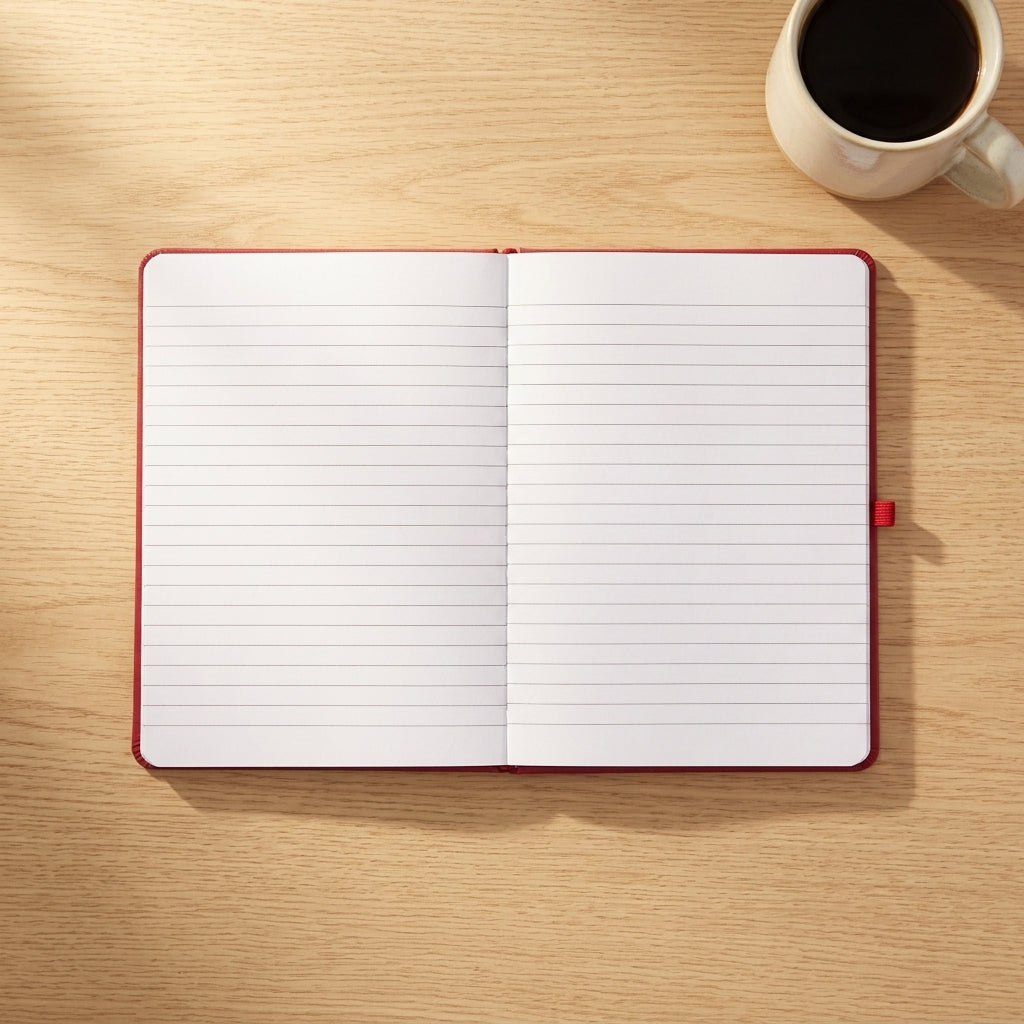 Custom laser engraved corporate notebook in black vegan leather with a metallic pen, displayed on an executive timber desk in a bright office.