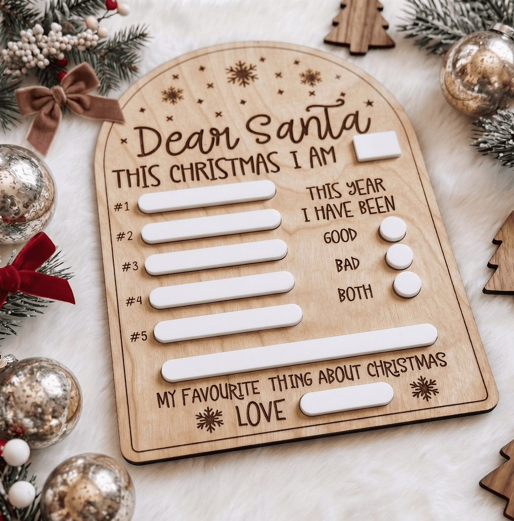 Close up detail of reusable white acrylic writing surface on custom Dear Santa wishlist board