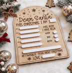 Close up detail of reusable white acrylic writing surface on custom Dear Santa wishlist board