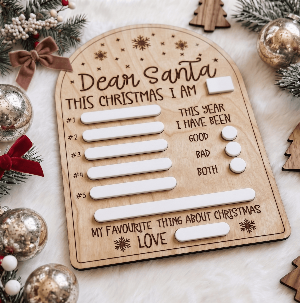 Close up detail of reusable white acrylic writing surface on custom Dear Santa wishlist board