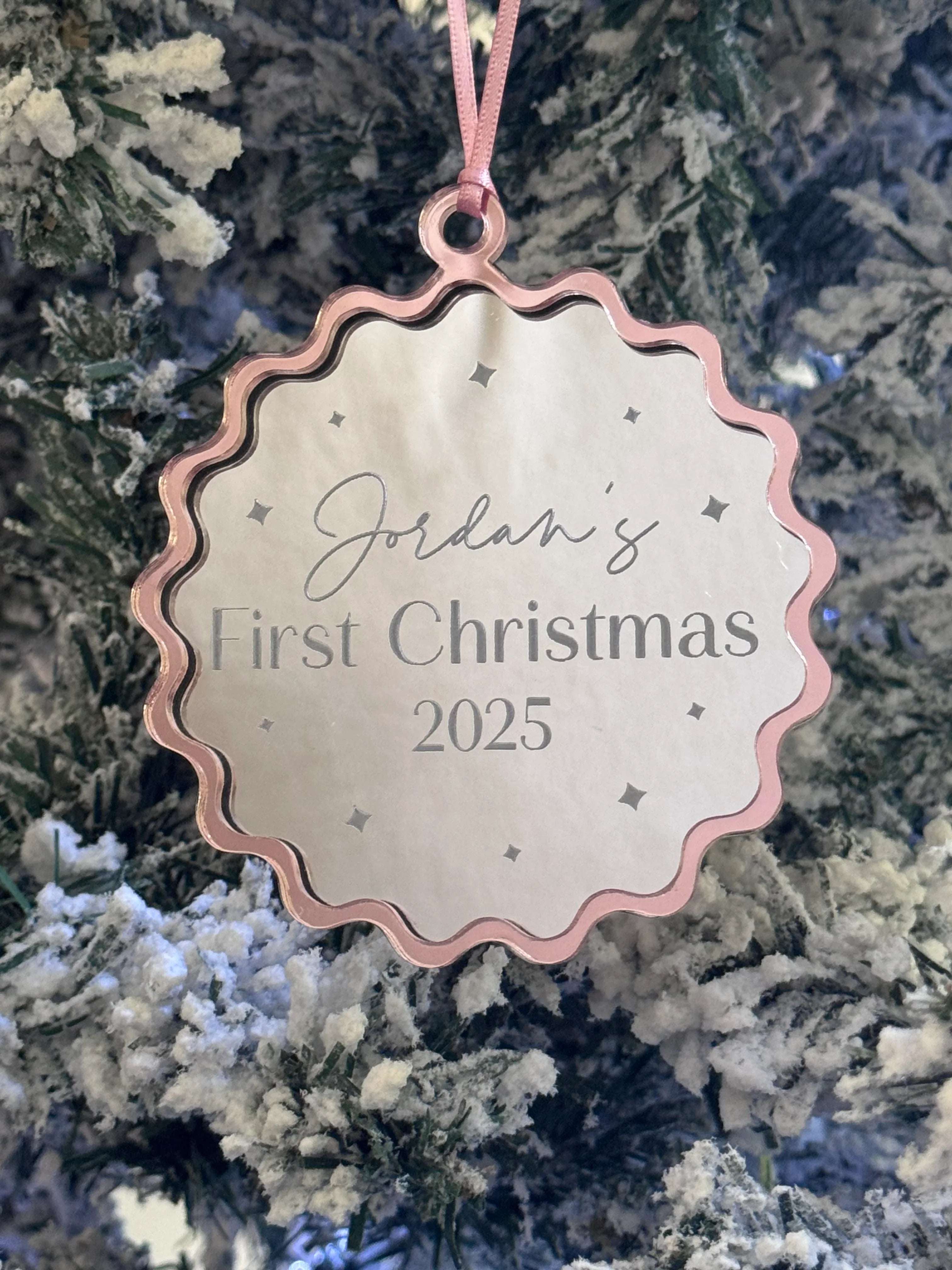 Double Layer Personalised Christmas Ornament – Scalloped Mirrored Acrylic 3D Bauble - Make It Personal Gift Co